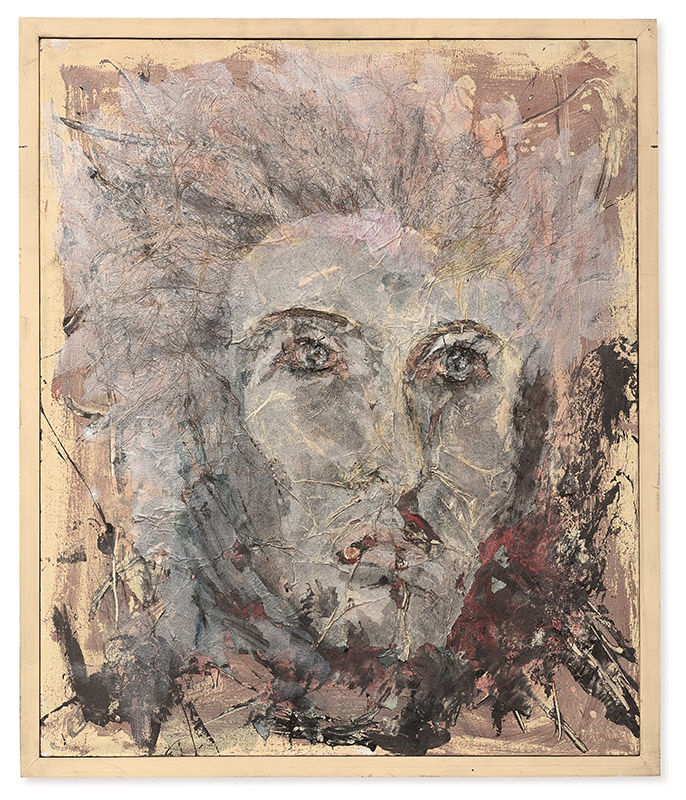 Apolo, 1992 acrílica, papel e cabelo sobre tela 63,5 × 53,5 cm